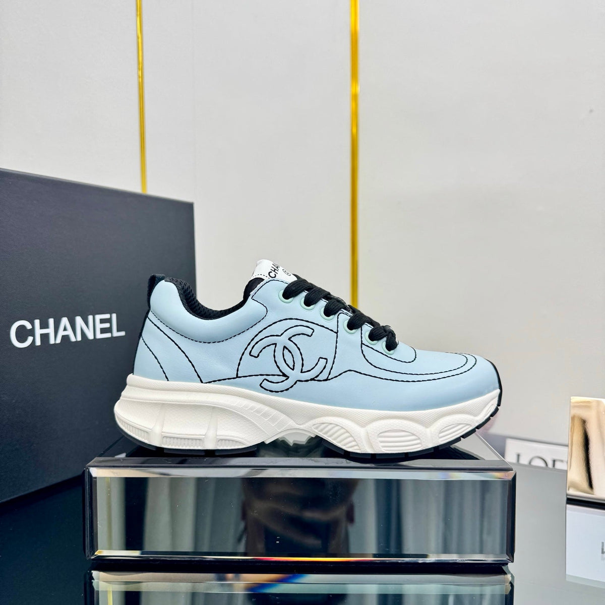 Chanel Trainers Sneaker in Light Blue Calfskin with Black Embroidered