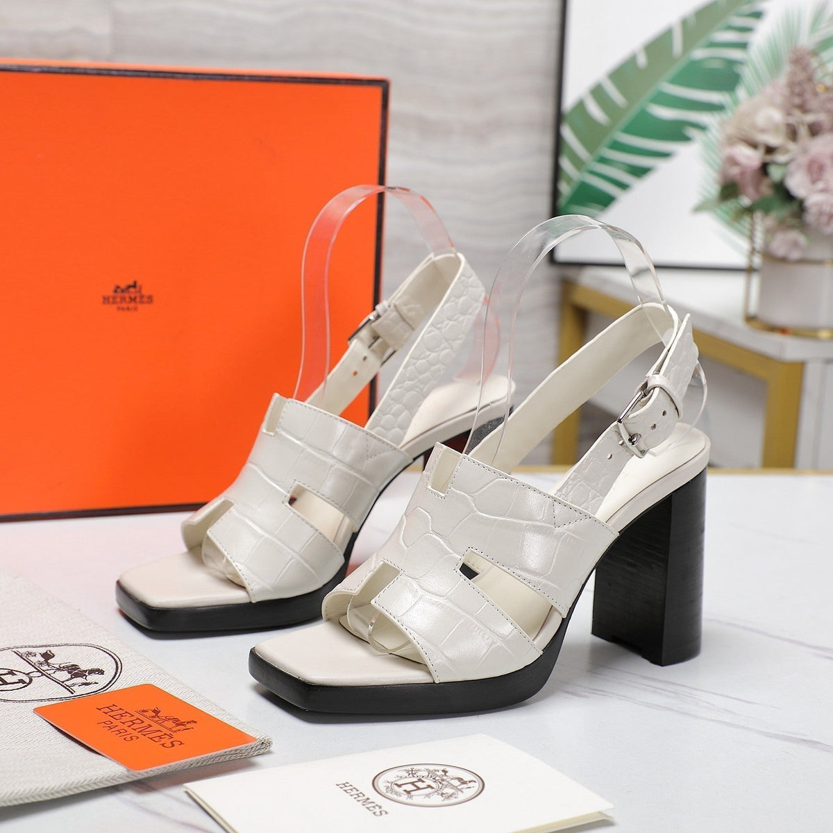 Hermes Eris 95 Sandal White Calfskin Patterned