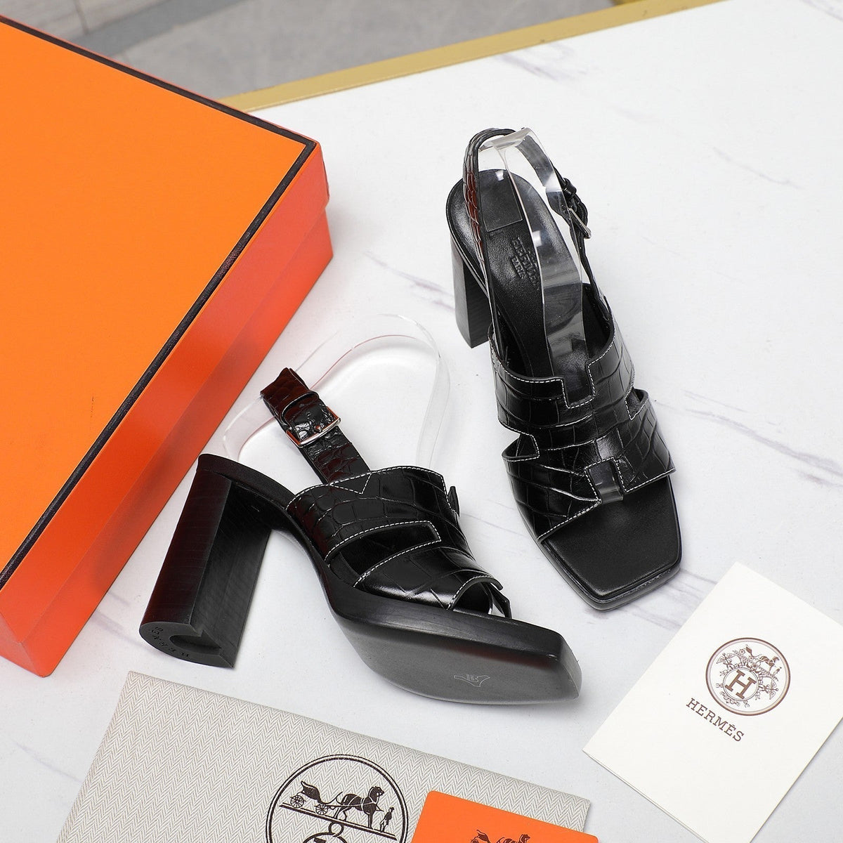 Hermes Eris 95 Sandal Black Calfskin Patterned