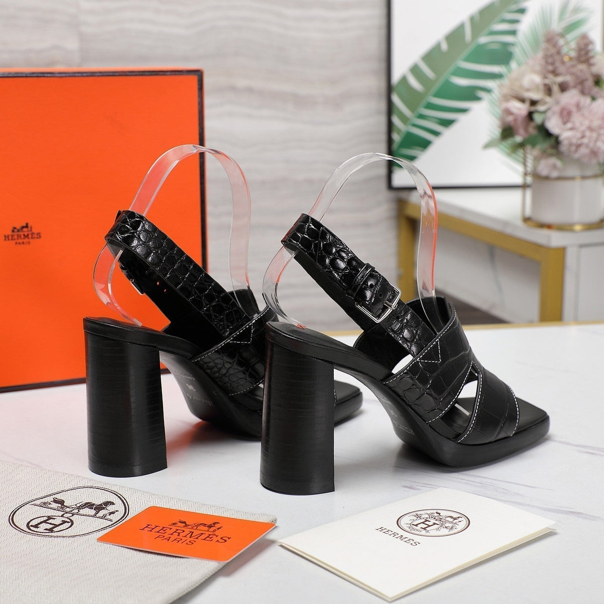 Hermes Eris 95 Sandal Black Calfskin Patterned