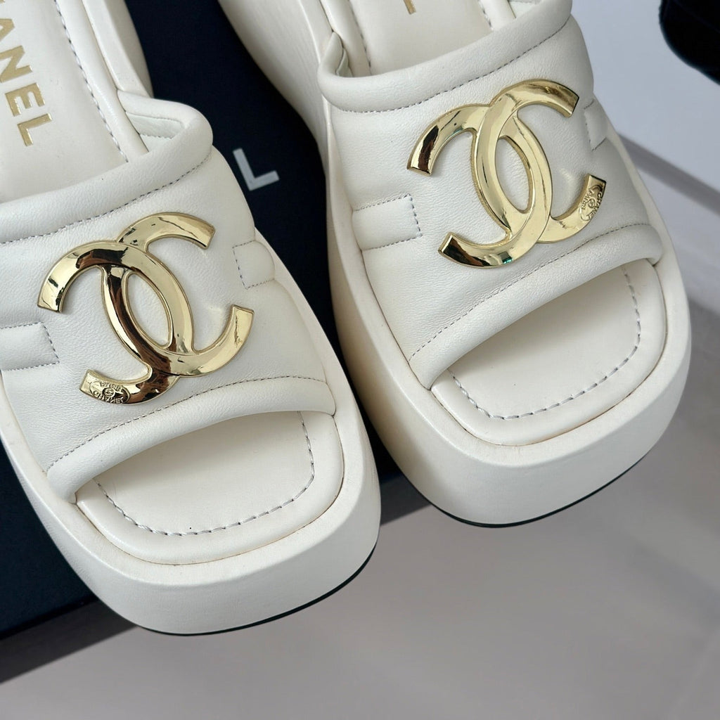 Chanel Large Double C Platform Slippers White