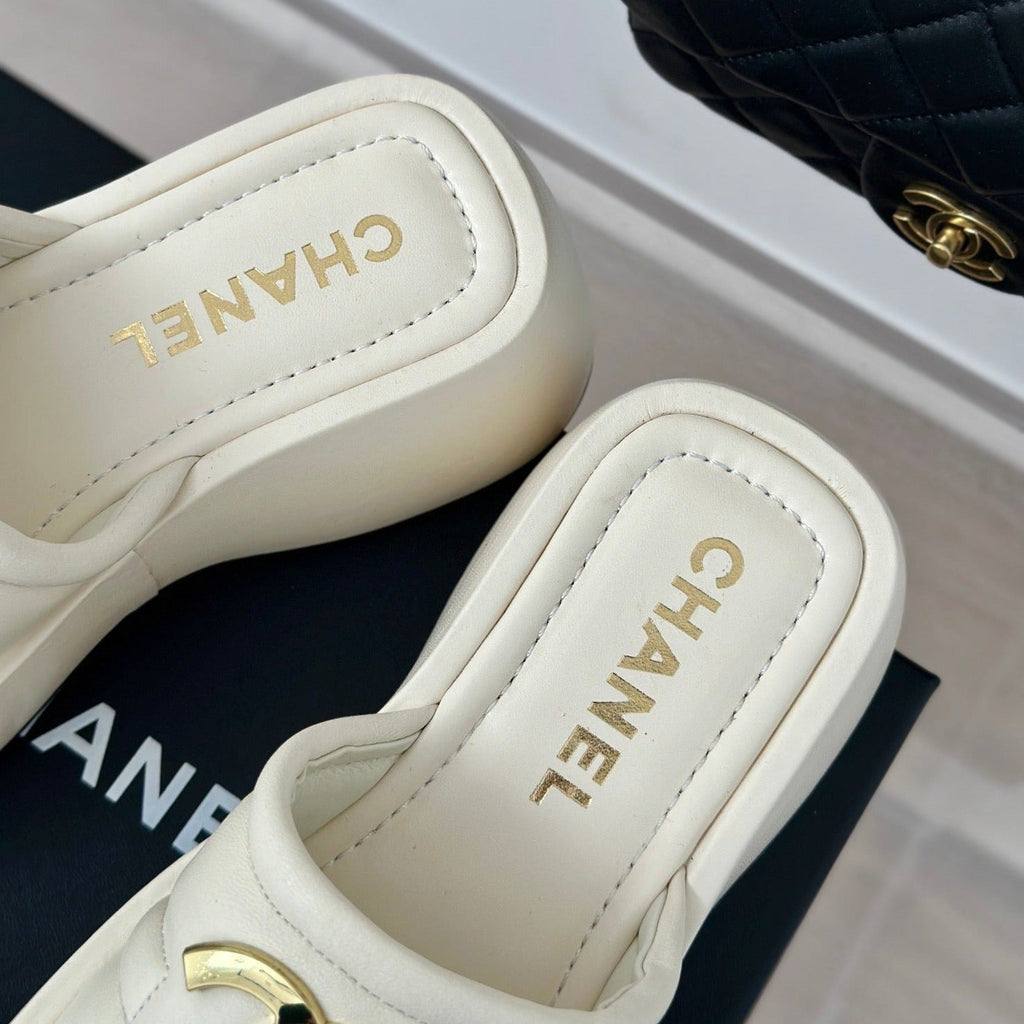 Chanel Large Double C Platform Slippers White