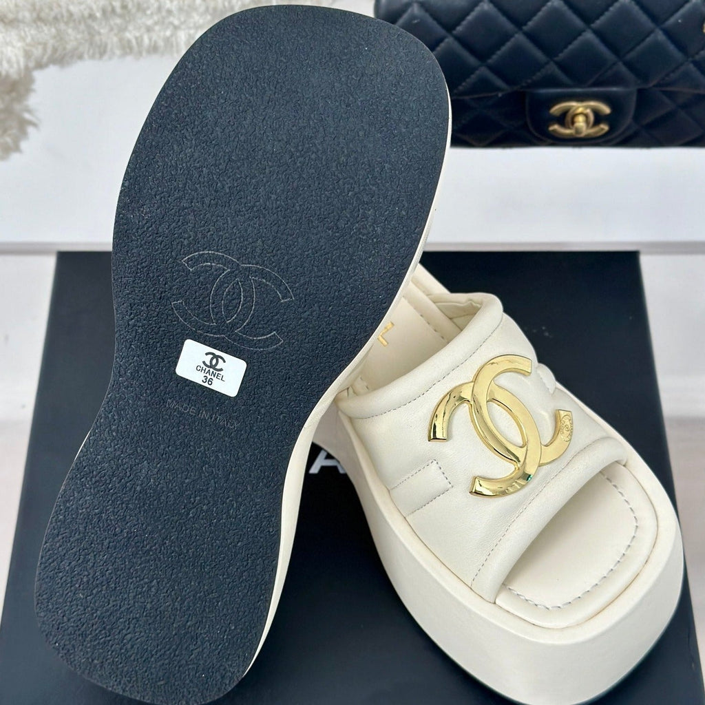 Chanel Large Double C Platform Slippers White