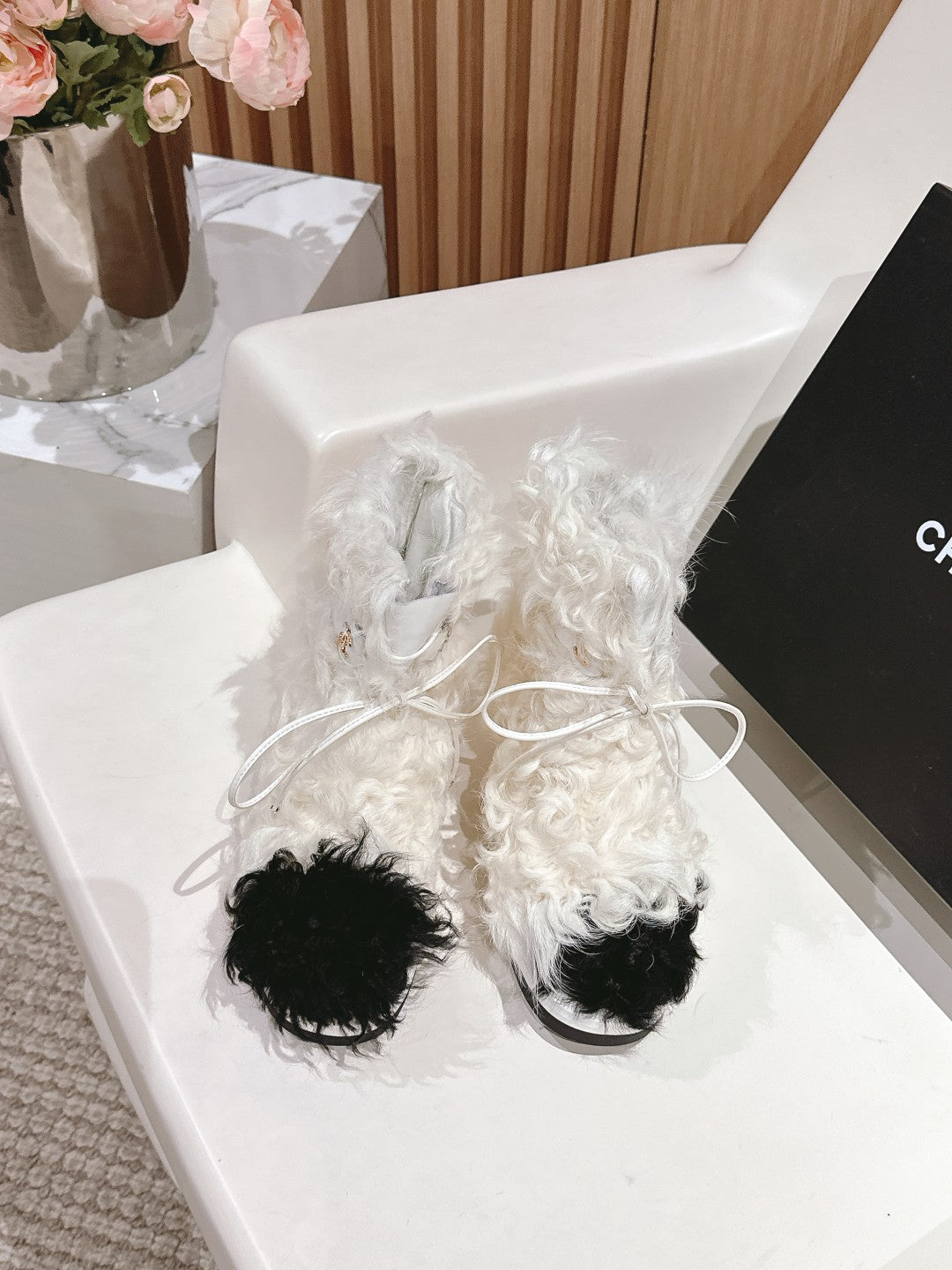 Chanel Short Boots in White Lamb Fur and Lambskin 962186