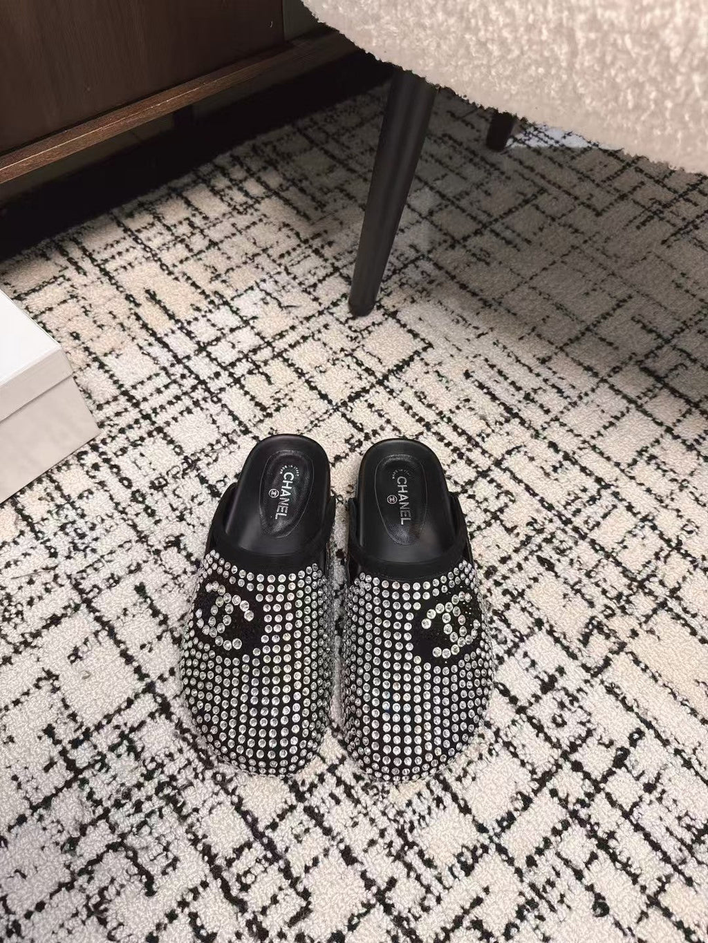 Chanel Flat Mule in Black Suede with Crystals