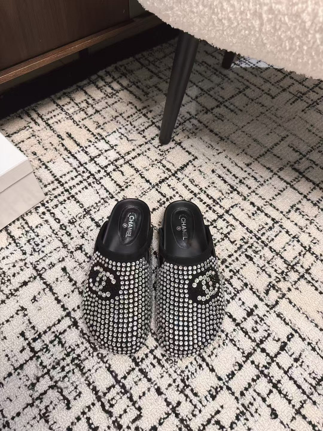 Chanel Flat Mule in Black Suede with Crystals