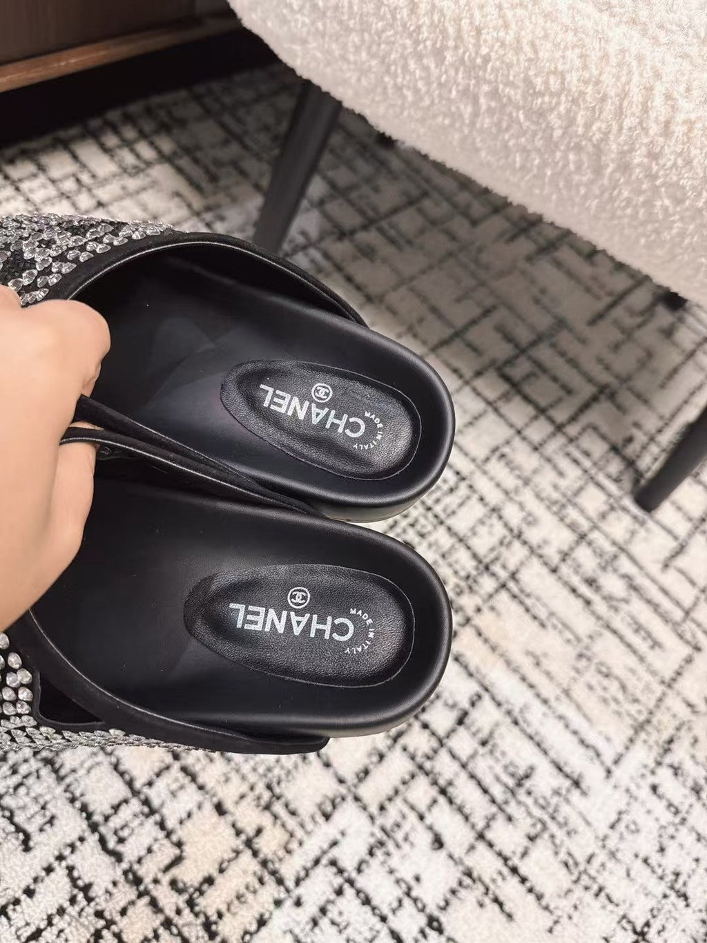 Chanel Flat Mule in Black Suede with Crystals