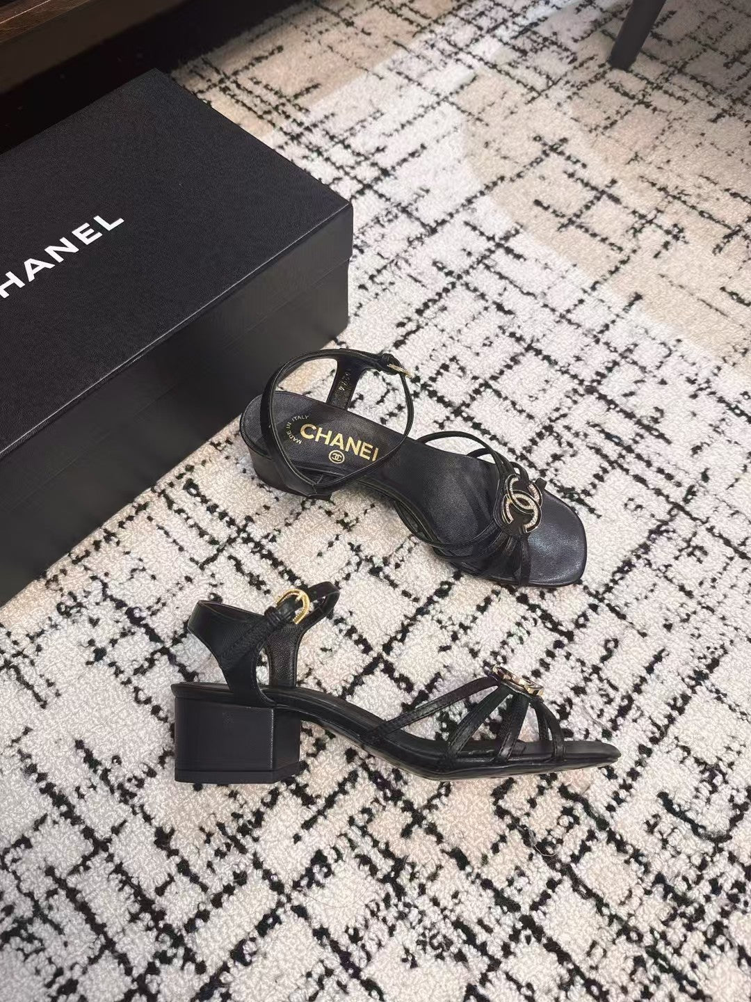 Chanel Mid Heel Sandals in Black Lambskin