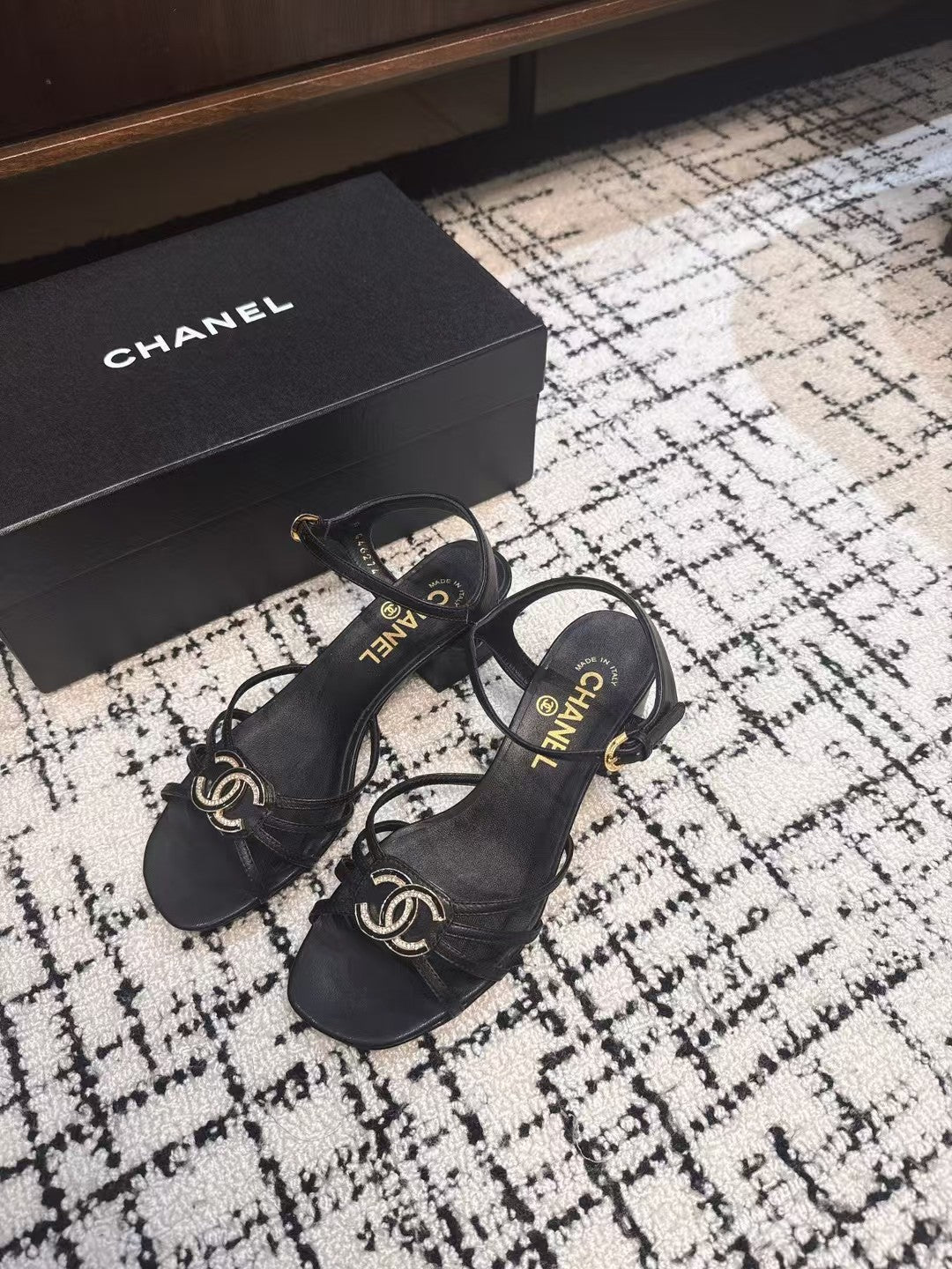 Chanel Mid Heel Sandals in Black Lambskin