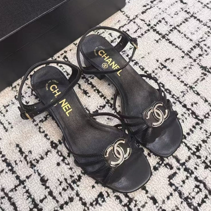 Chanel Mid Heel Sandals in Black Lambskin