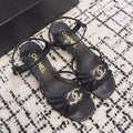 Chanel Mid Heel Sandals in Black Lambskin