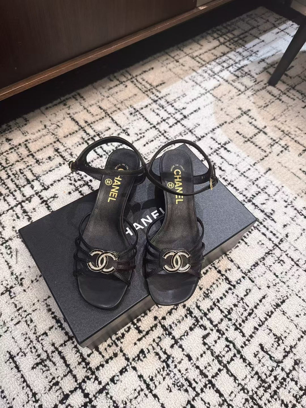 Chanel Mid Heel Sandals in Black Lambskin