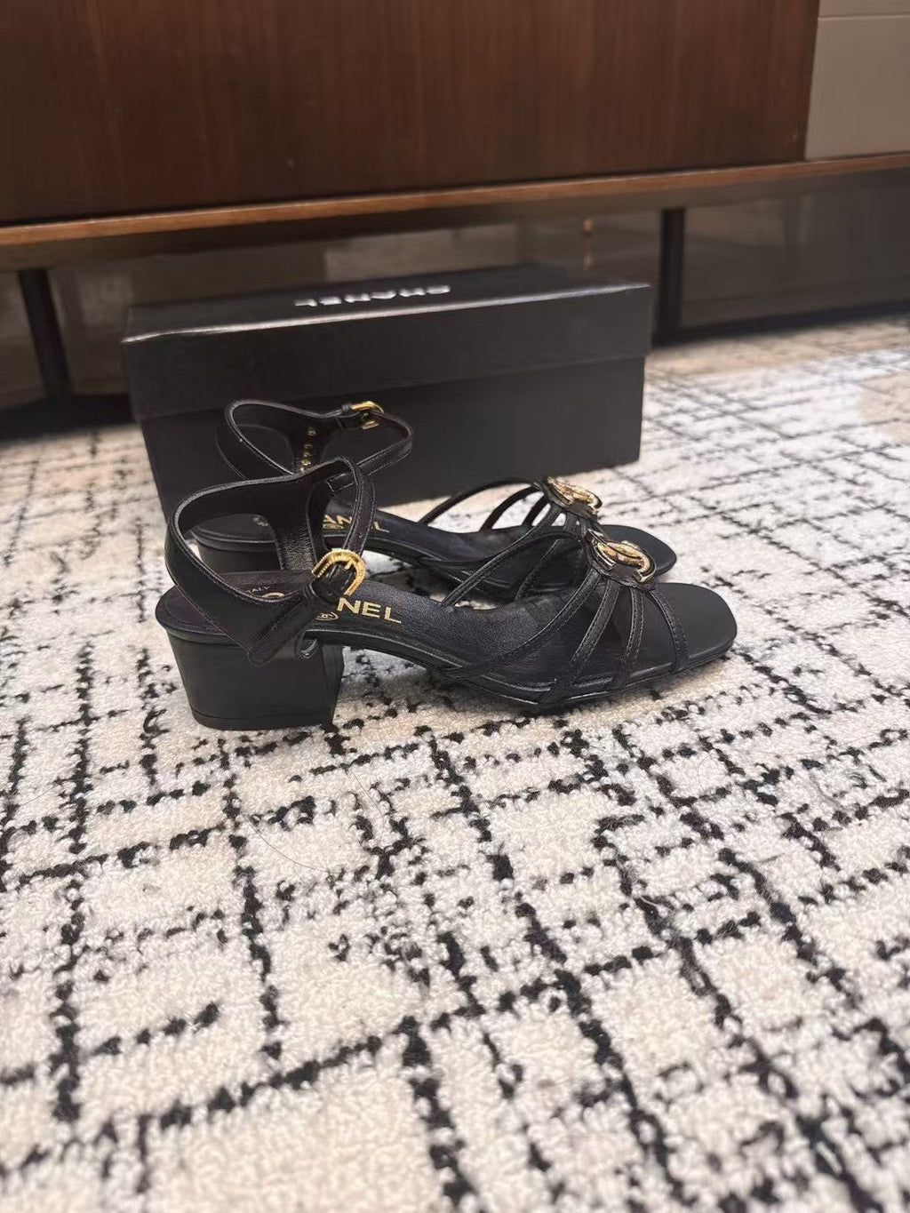 Chanel Mid Heel Sandals in Black Lambskin