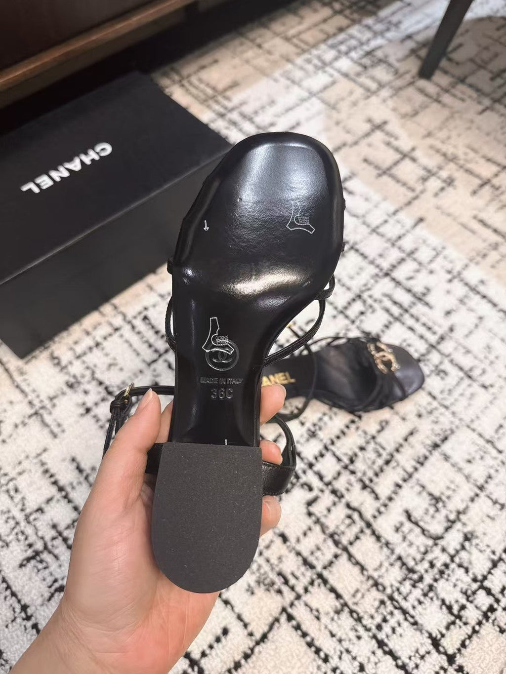 Chanel Mid Heel Sandals in Black Lambskin