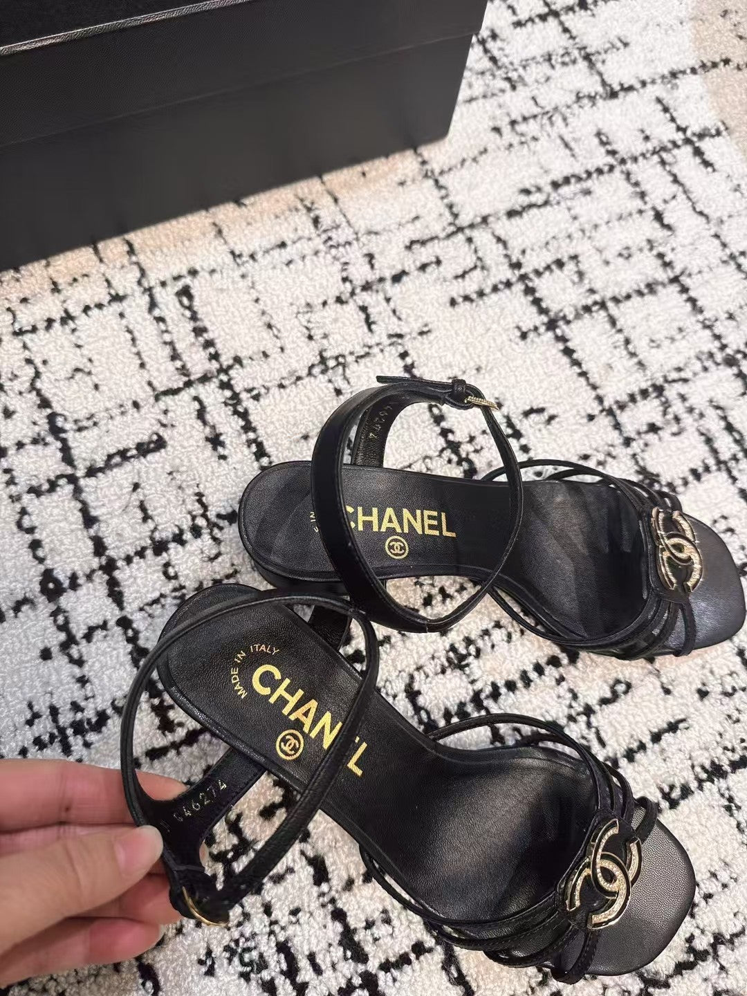 Chanel Mid Heel Sandals in Black Lambskin