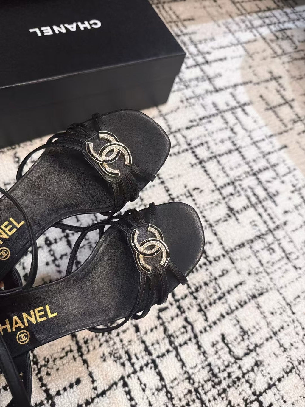 Chanel Mid Heel Sandals in Black Lambskin