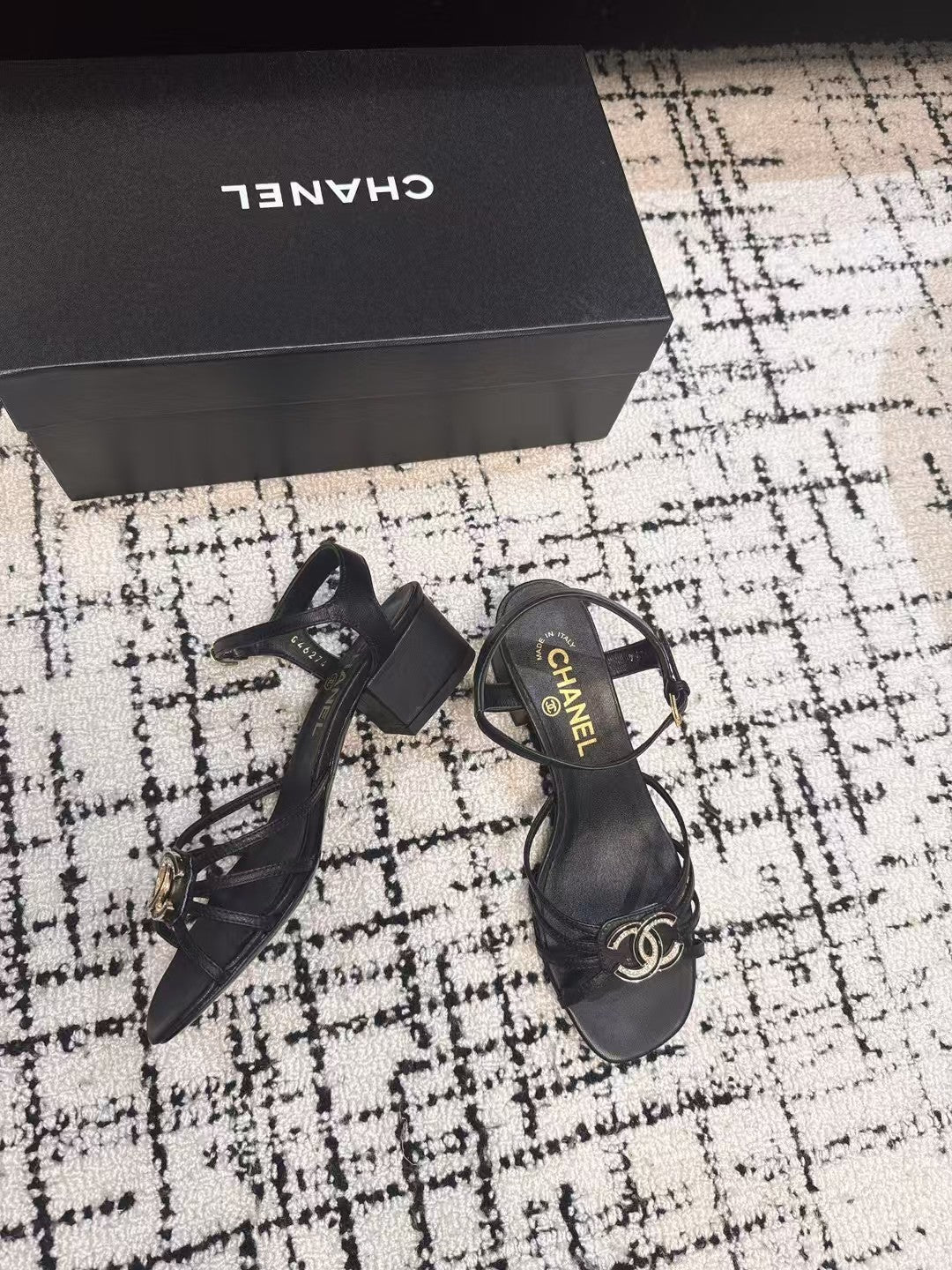 Chanel Mid Heel Sandals in Black Lambskin