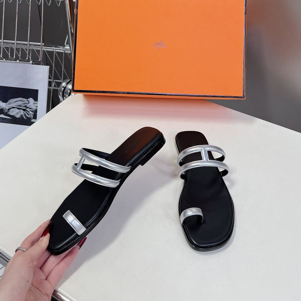 Hermes Georgia Sandals Silver Black Calfskin