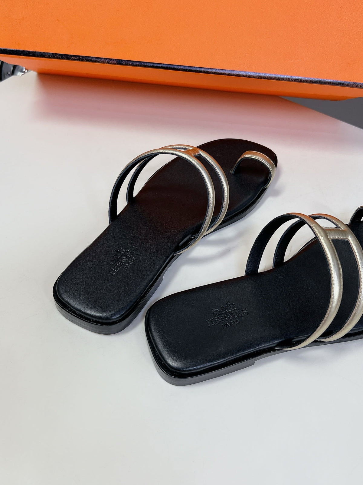 Hermes Georgia Sandals Gold Black Calfskin
