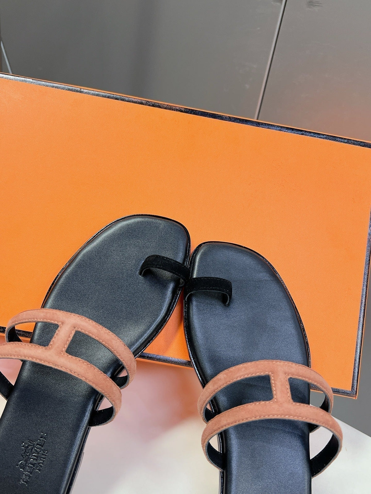 Hermes Georgia Sandals Peach Suede Black Calfskin