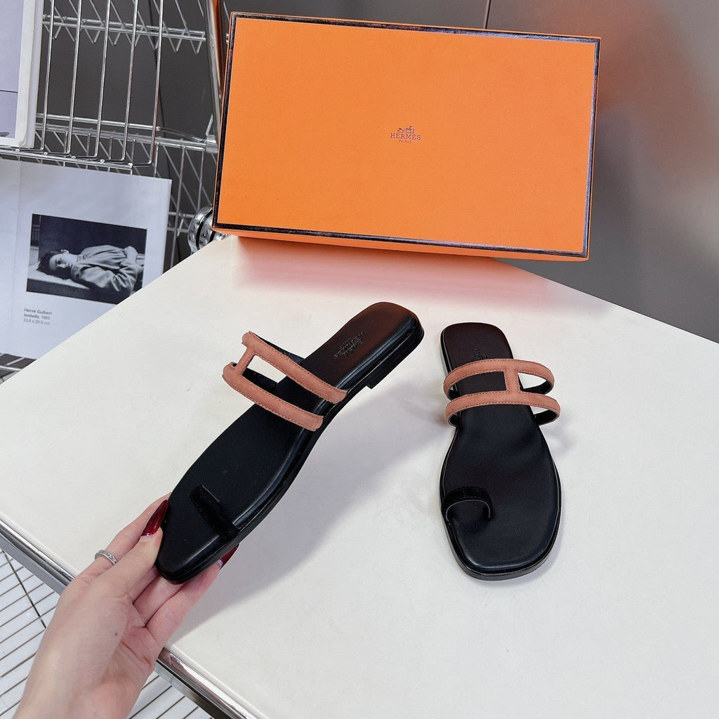 Hermes Georgia Sandals Peach Suede Black Calfskin