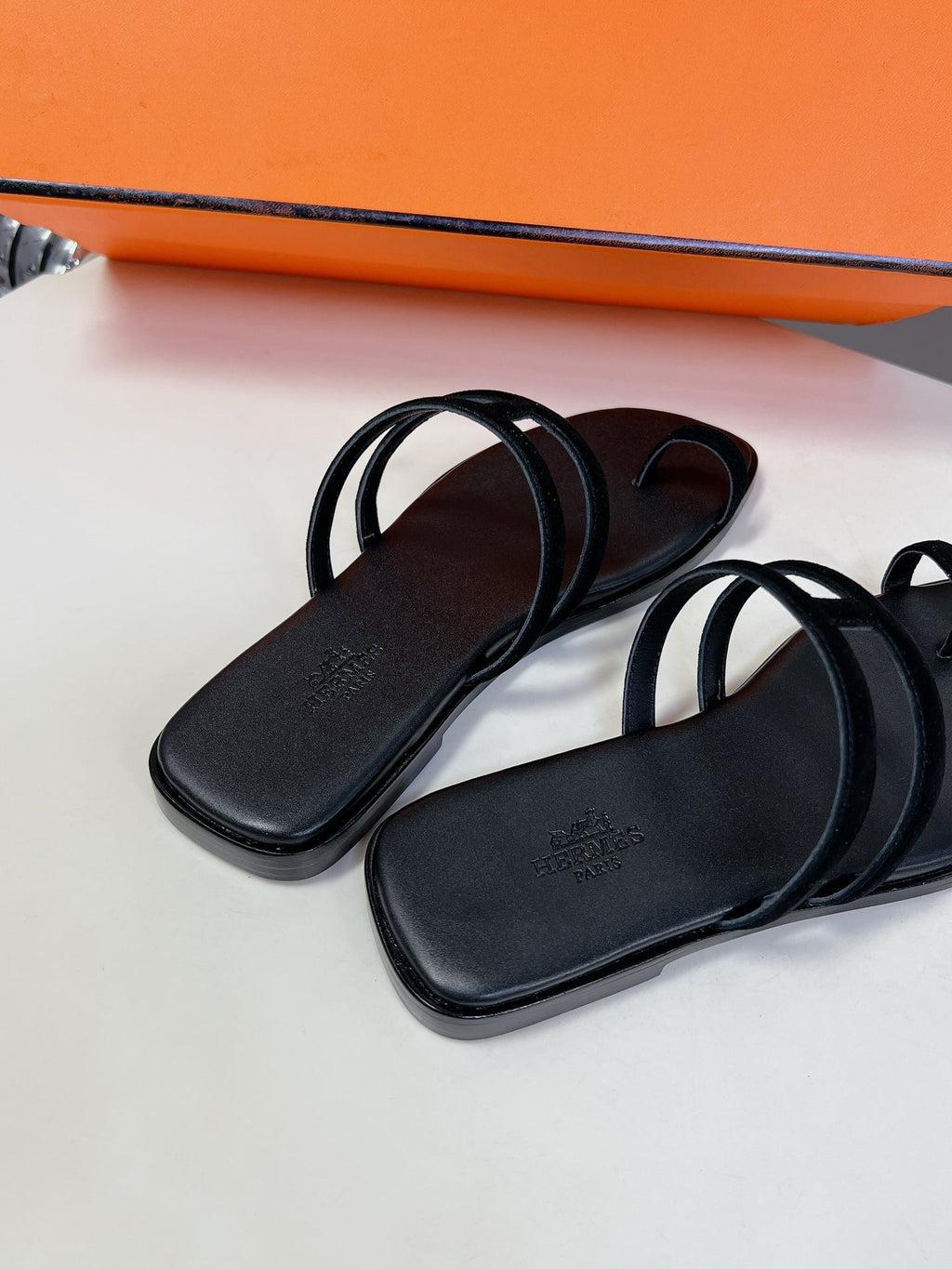 Hermes Georgia Sandals Black Suede Black Calfskin