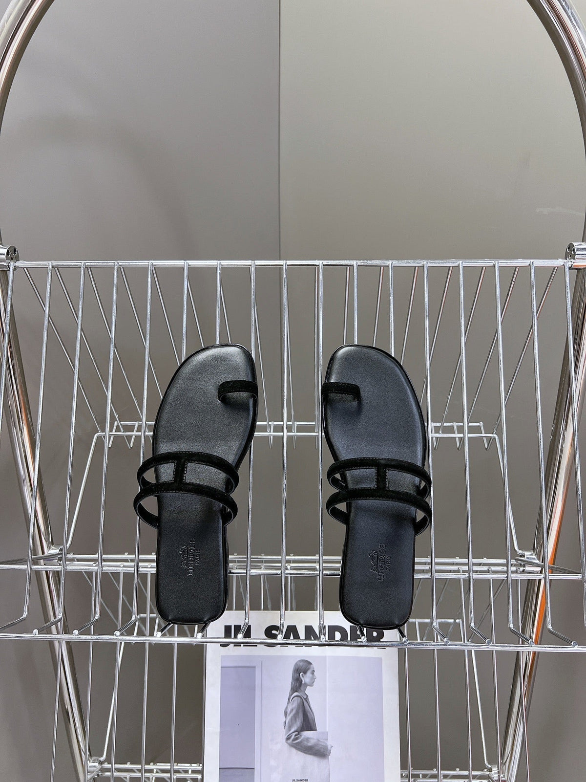 Hermes Georgia Sandals Black Suede Black Calfskin