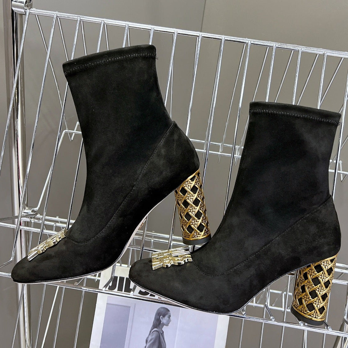 Dior Icon Heeled Ankle Boot Black Suede 8 cm with Gold Logo