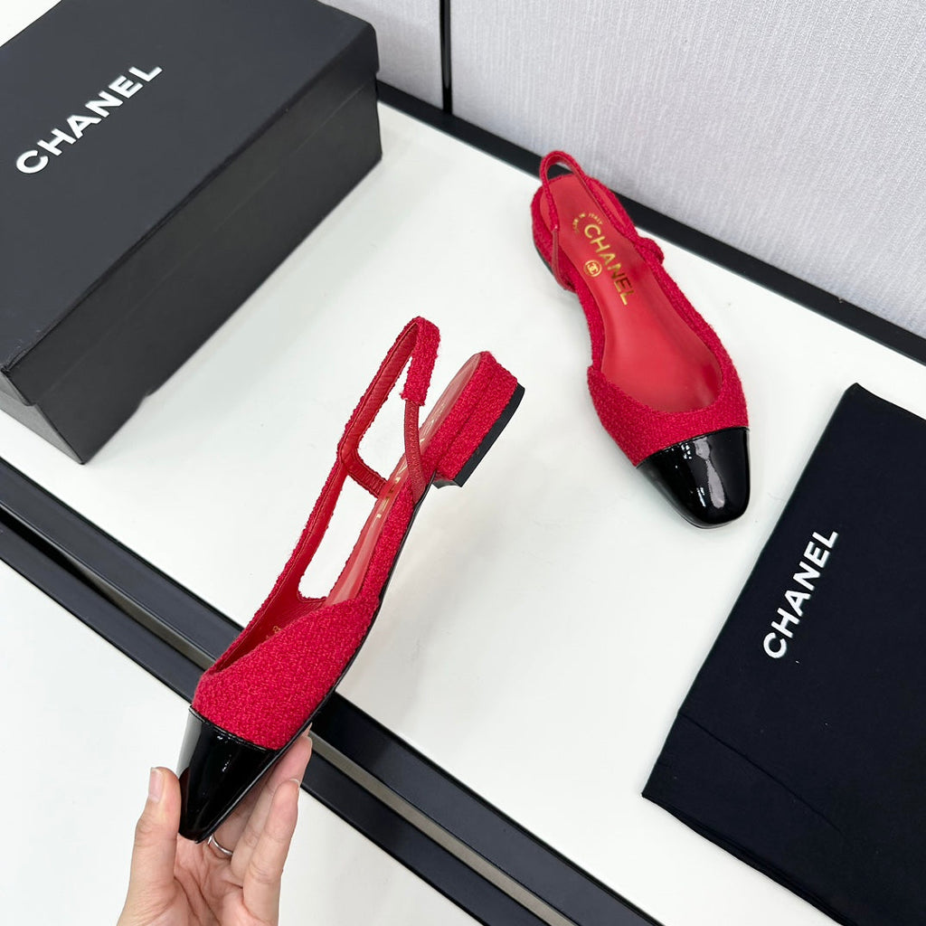 Chanel Slingback Rose Red Tweed and Black Calfskin