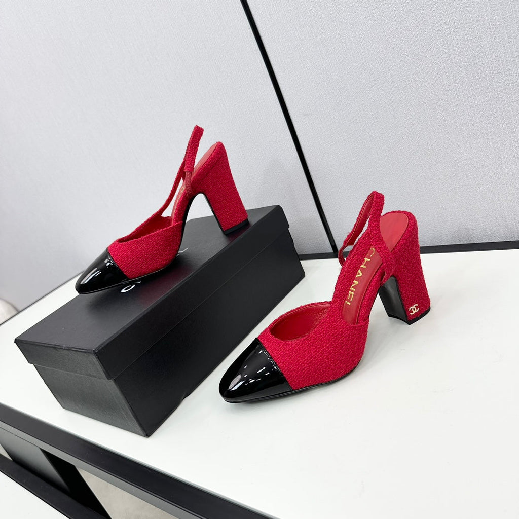 Chanel High Slingback Rose Red Tweed and Black Calfskin