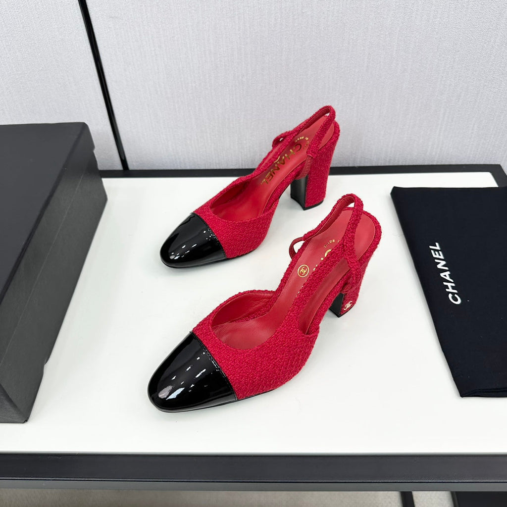 Chanel High Slingback Rose Red Tweed and Black Calfskin