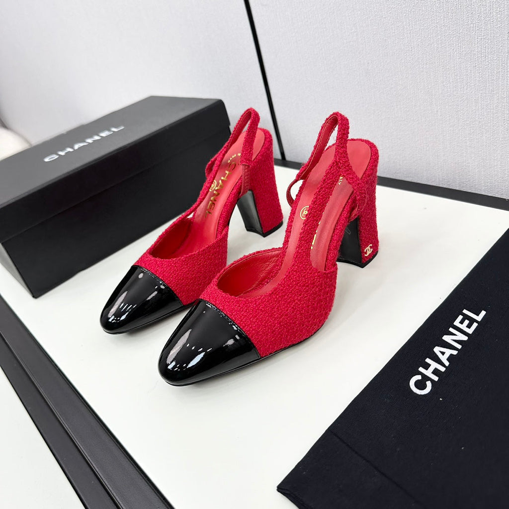 Chanel High Slingback Rose Red Tweed and Black Calfskin