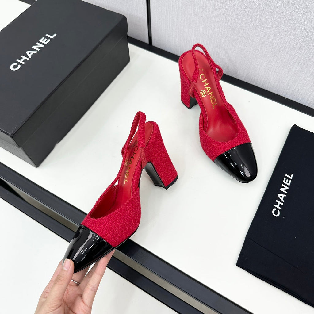Chanel High Slingback Rose Red Tweed and Black Calfskin
