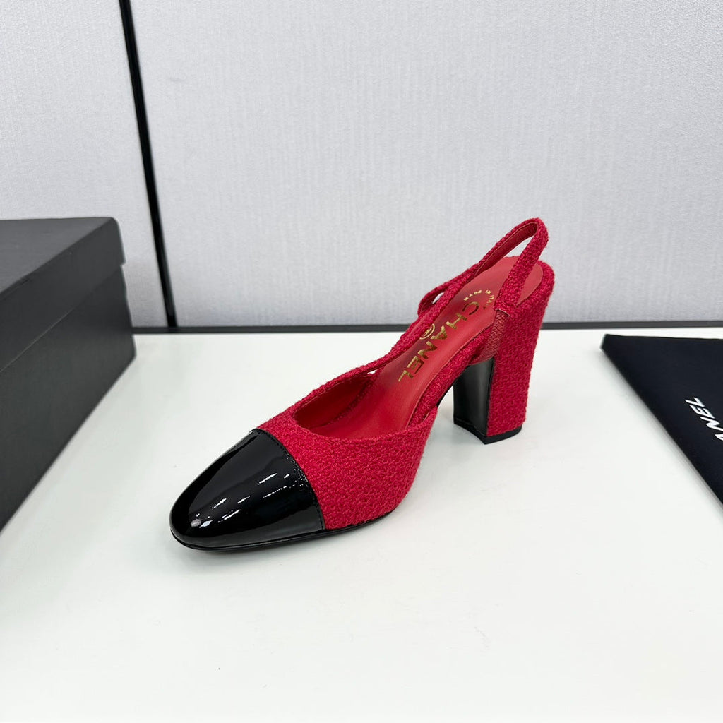 Chanel High Slingback Rose Red Tweed and Black Calfskin