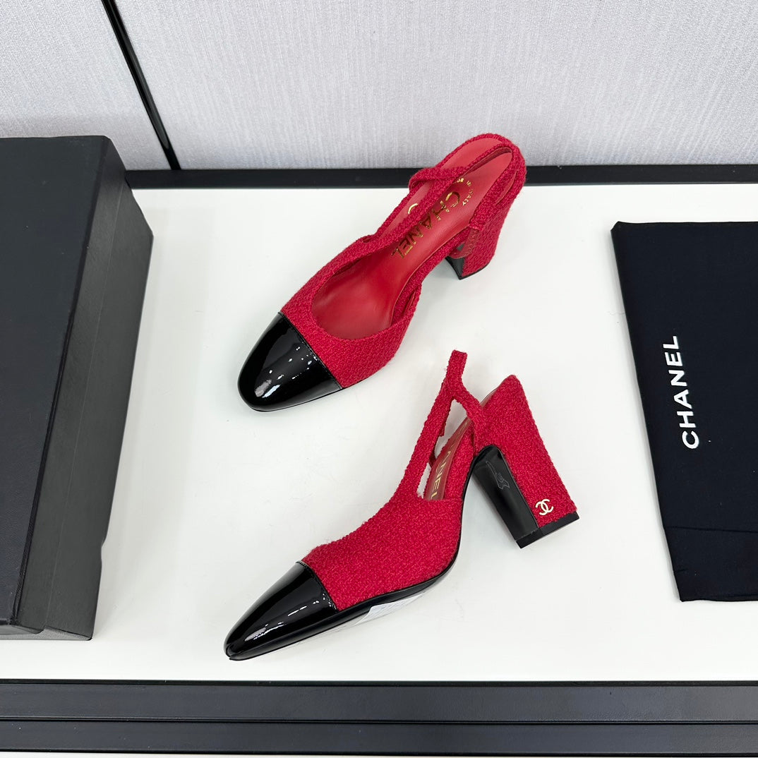Chanel High Slingback Rose Red Tweed and Black Calfskin