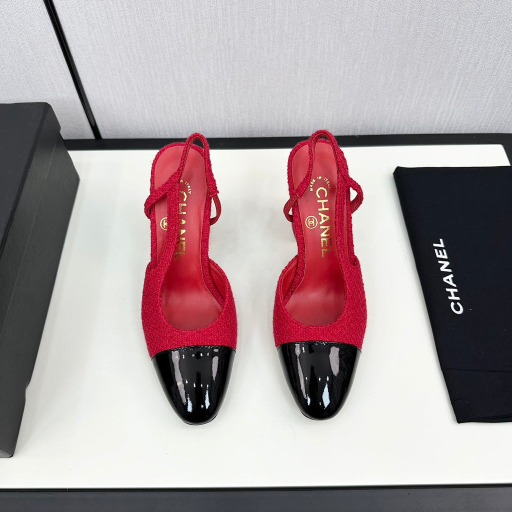 Chanel High Slingback Rose Red Tweed and Black Calfskin