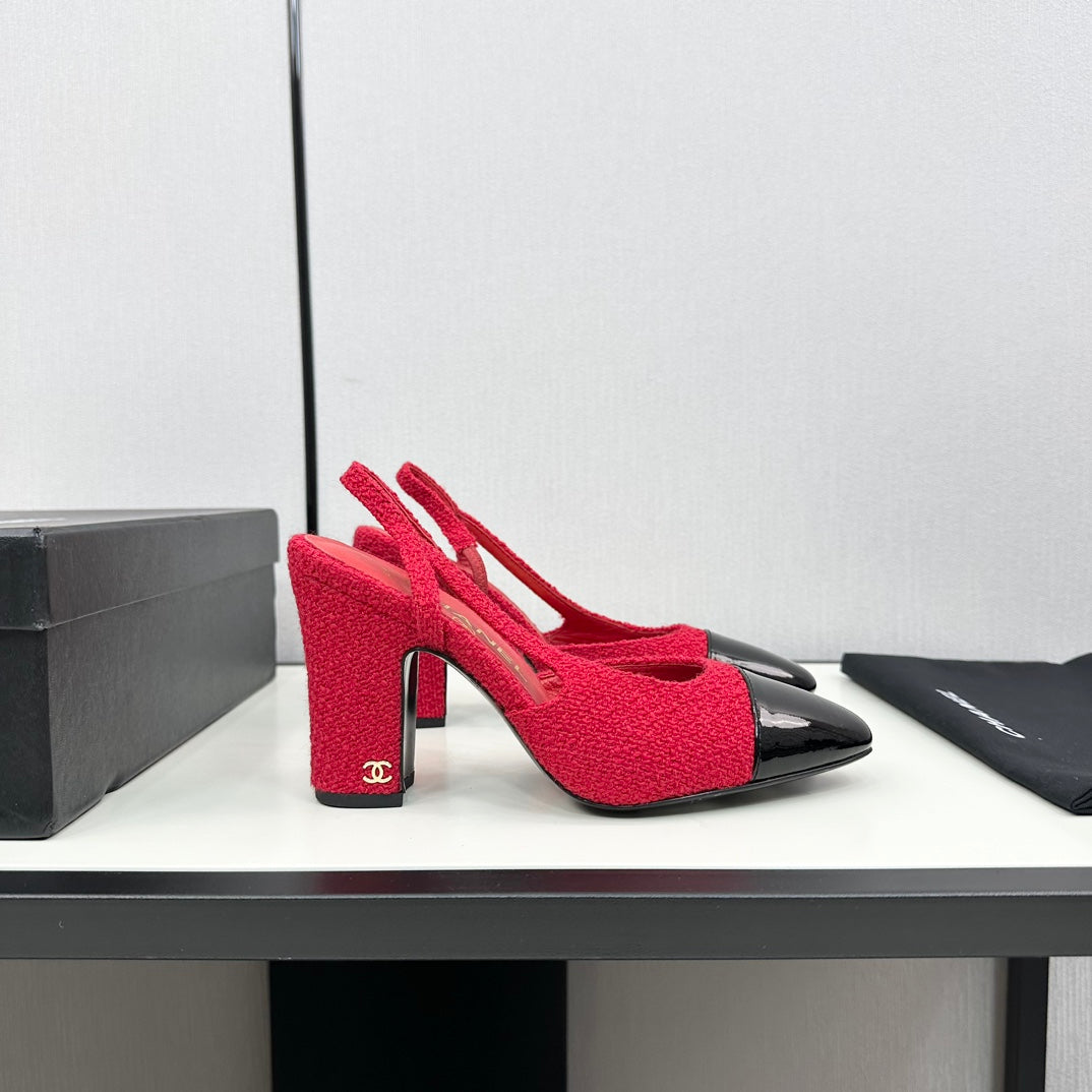 Chanel High Slingback Rose Red Tweed and Black Calfskin