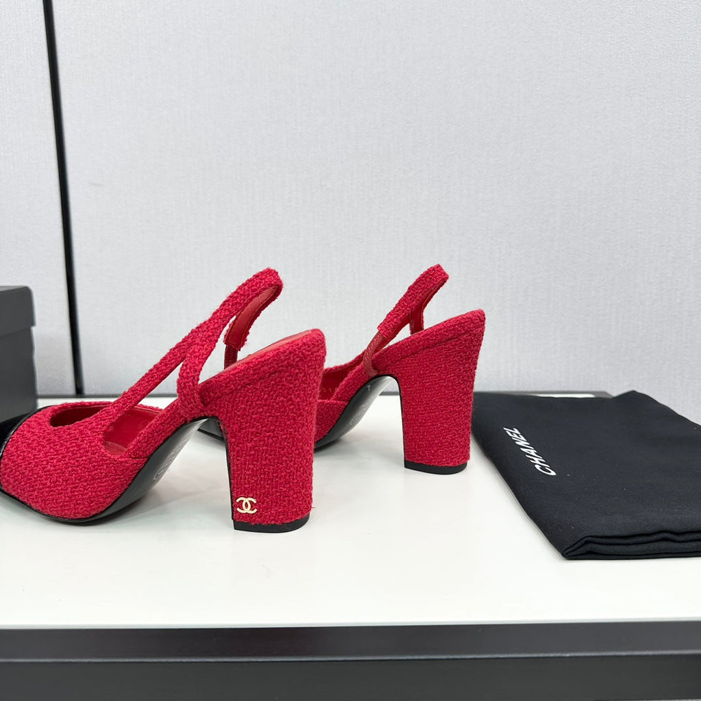 Chanel High Slingback Rose Red Tweed and Black Calfskin
