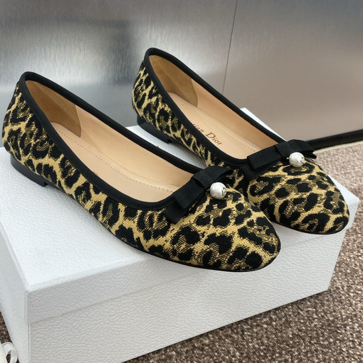 Dior Pearl Ballet Flat Camel Pony Hair Calfskin with Brown Leopard Motif