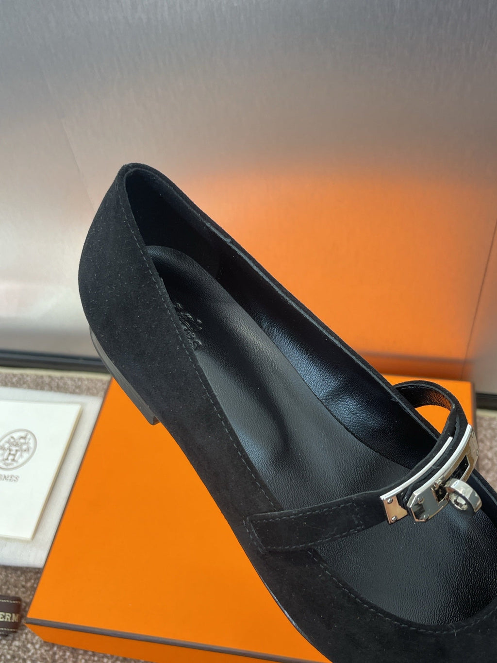 Hermes Kiara Flat Pump in Black Suede