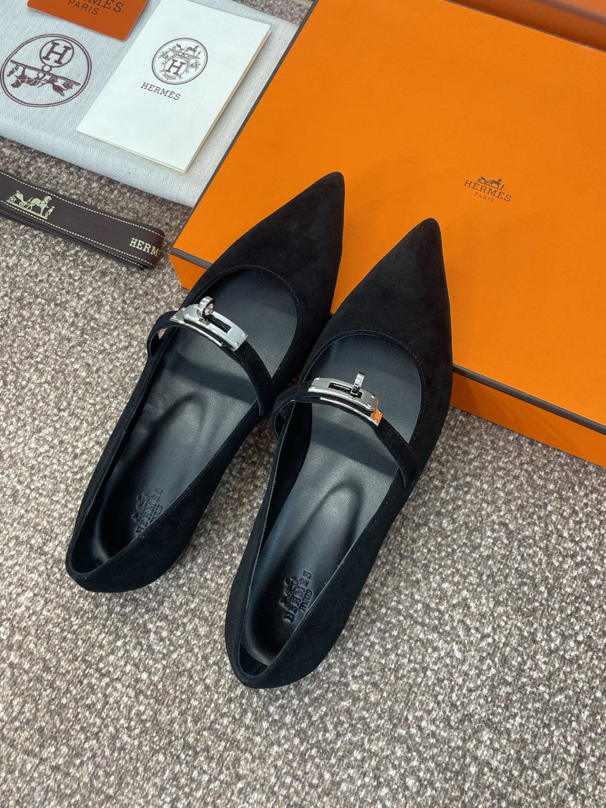 Hermes Kiara Flat Pump in Black Suede