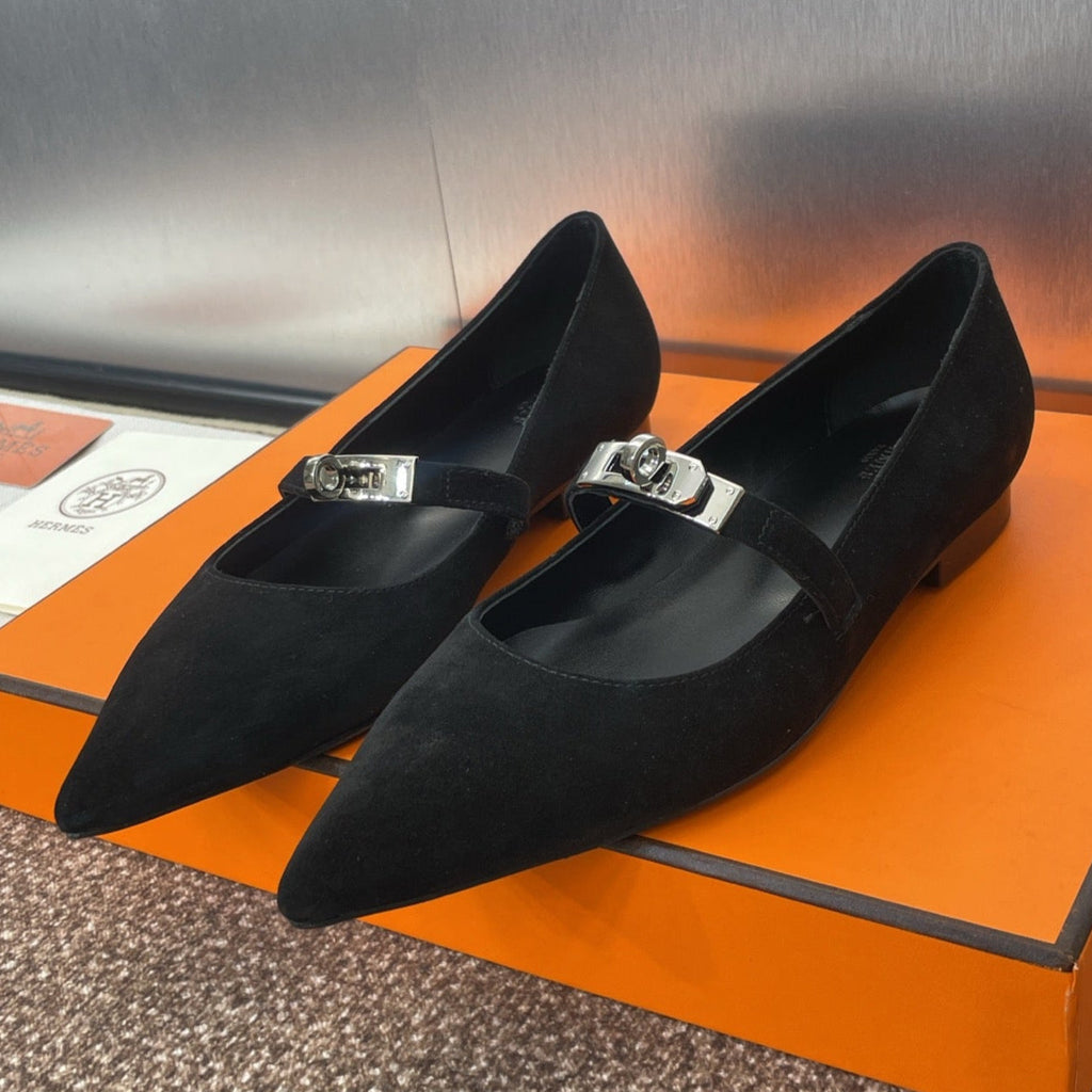 Hermes Kiara Flat Pump in Black Suede