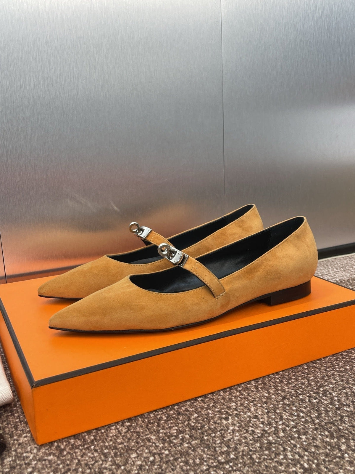 Hermes Kiara Flat Pump in Bronze Brown Suede