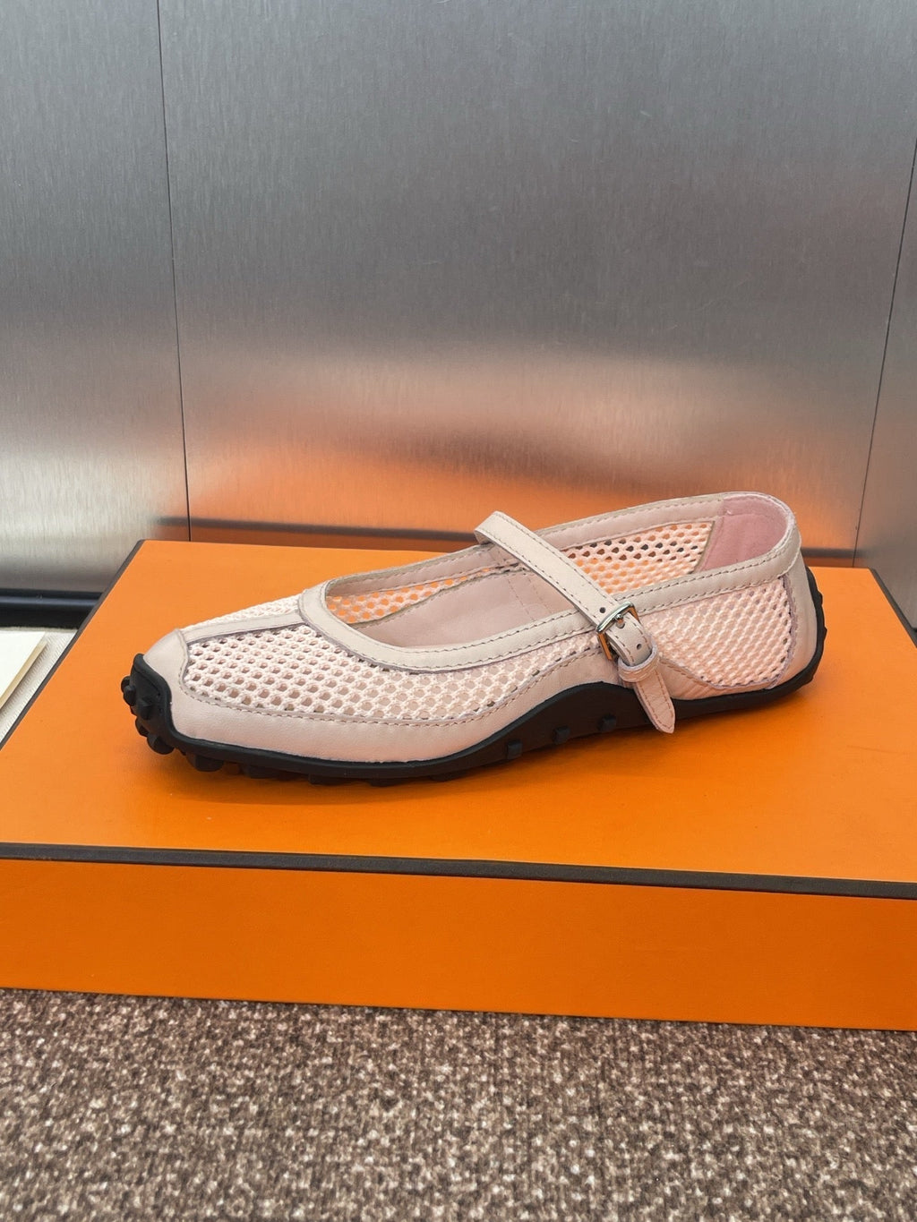 Hermes Kichu Ballet Flat in Light Pink Crochet Knit and Calfskin