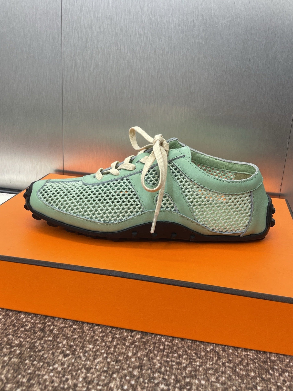 Hermes Kiga Sneaker in Green Mint Crochet Knit and Calfskin
