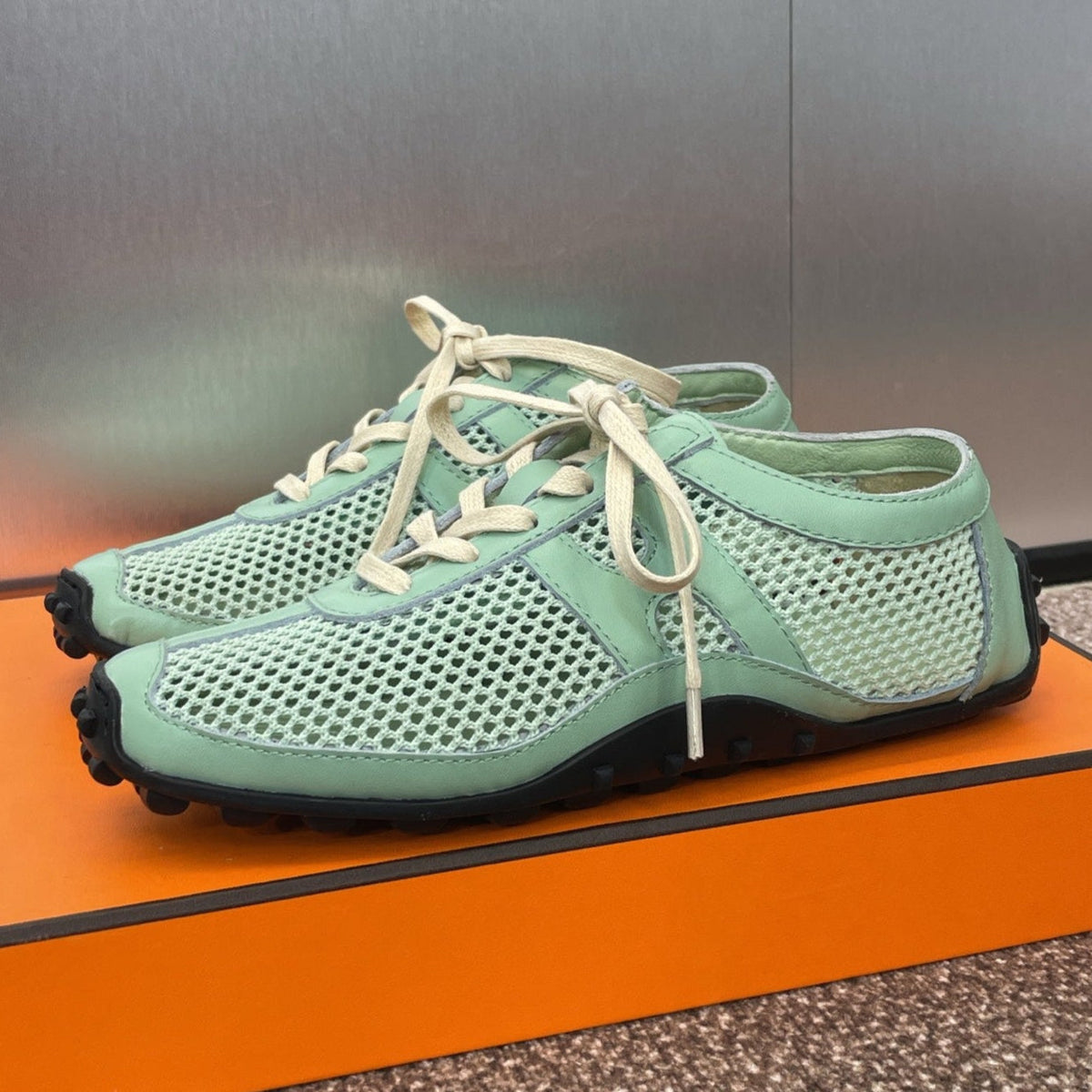 Hermes Kiga Sneaker in Green Mint Crochet Knit and Calfskin