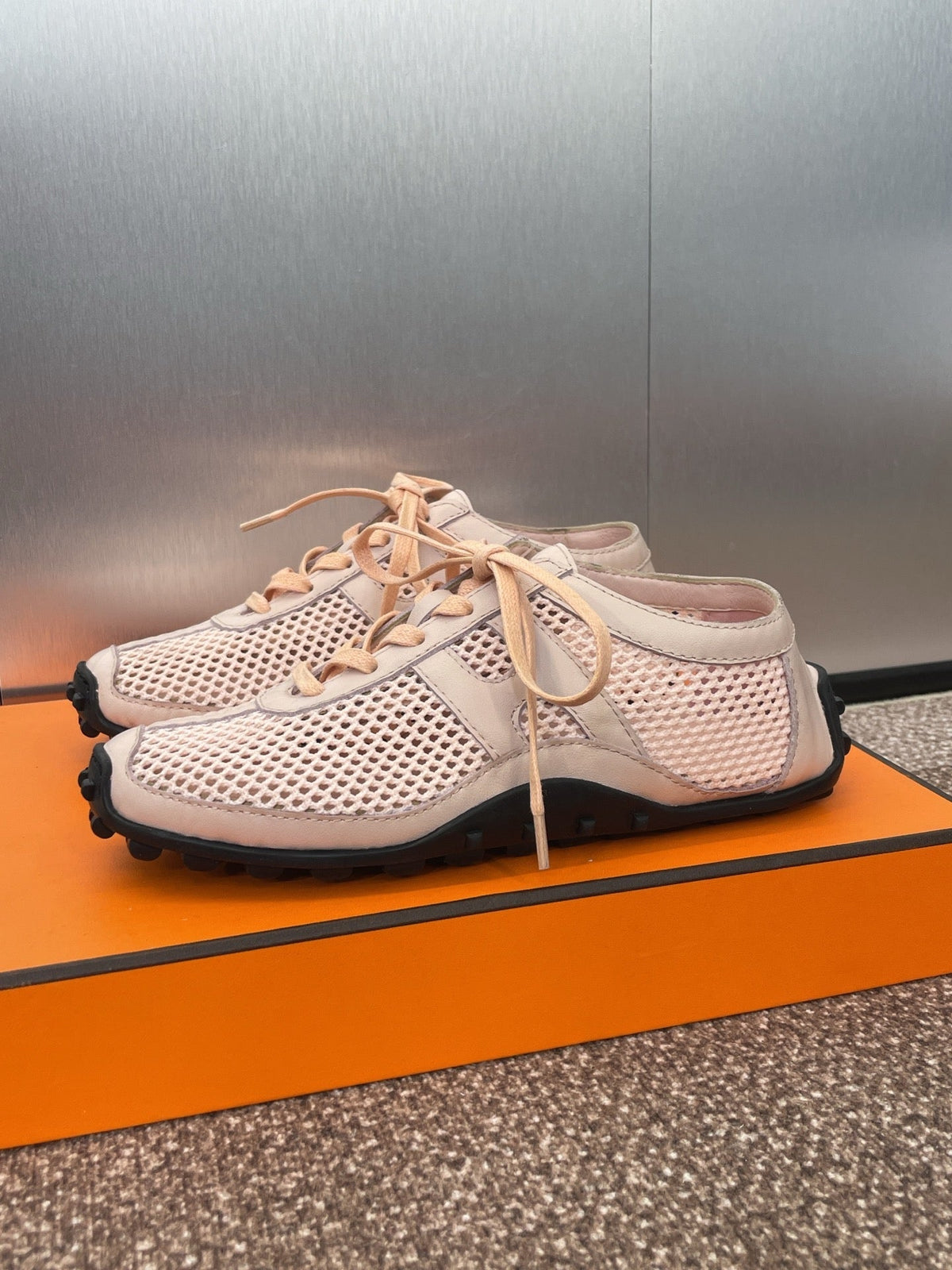 Hermes Kiga Sneaker in Light Pink Crochet Knit and Calfskin