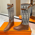 Hermes Jumping Boot 2 cm in Bronze Brown Calfskin and Black Mix White Fabric