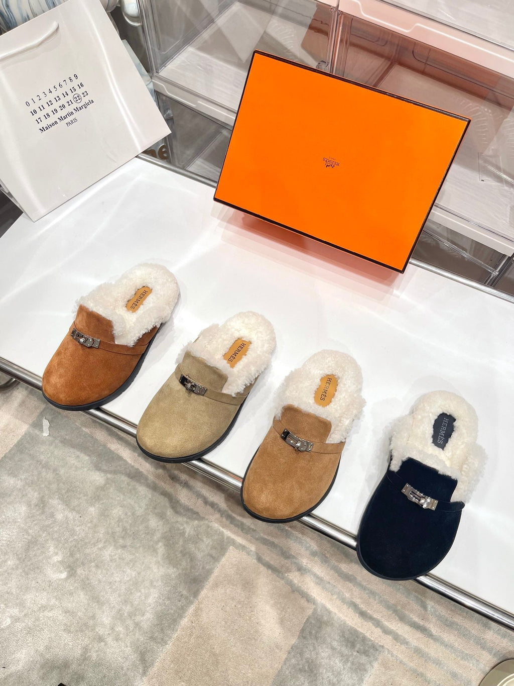 Hermes Slip-On Mule in Black Suede and Shearling Lining