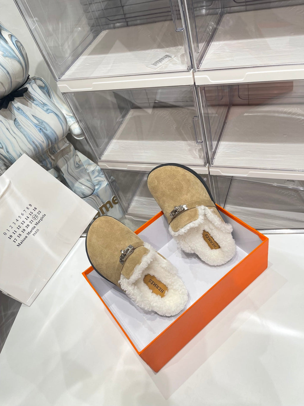 Hermes Slip-On Mule in Tortilla Brown Suede and Shearling Lining